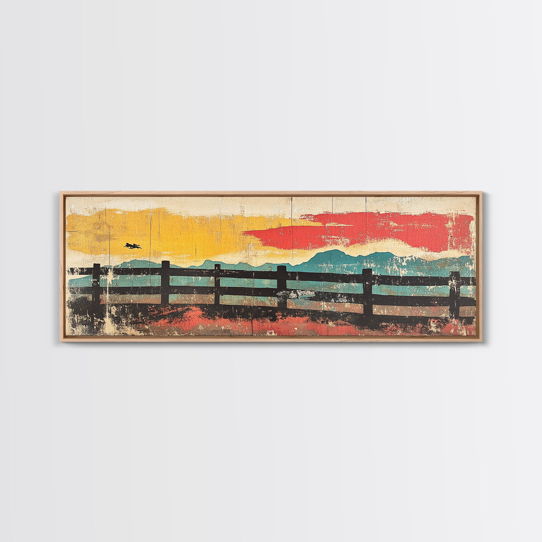 Rustic Fence And Mountain Horizon Wall Art, Abstract Landscape Canvas Print, Mid Century Modern Decor, Horizontal Wall Art