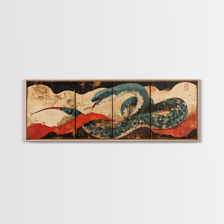 Teal Serpent With Red Sun Waves Wall Art, Japanese Snake Canvas, Ukiyo E Style, Asian Decor, Bold Wildlife Living Room Print