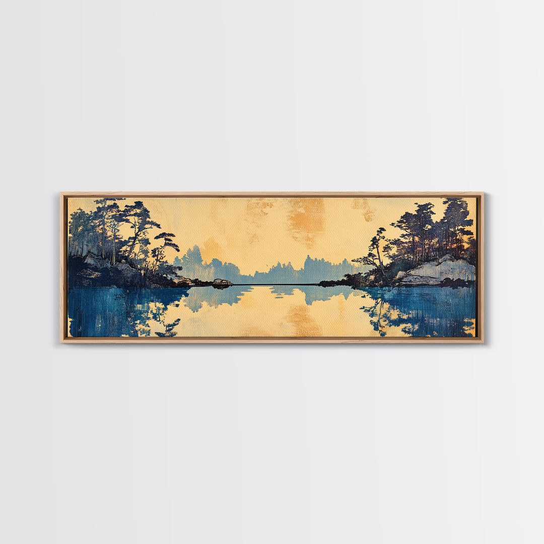 Blue Lake Pine Forest Reflections Canvas Print, Serene Nature Wall Art, Japandi Landscape Decor, Calming Living Room Print