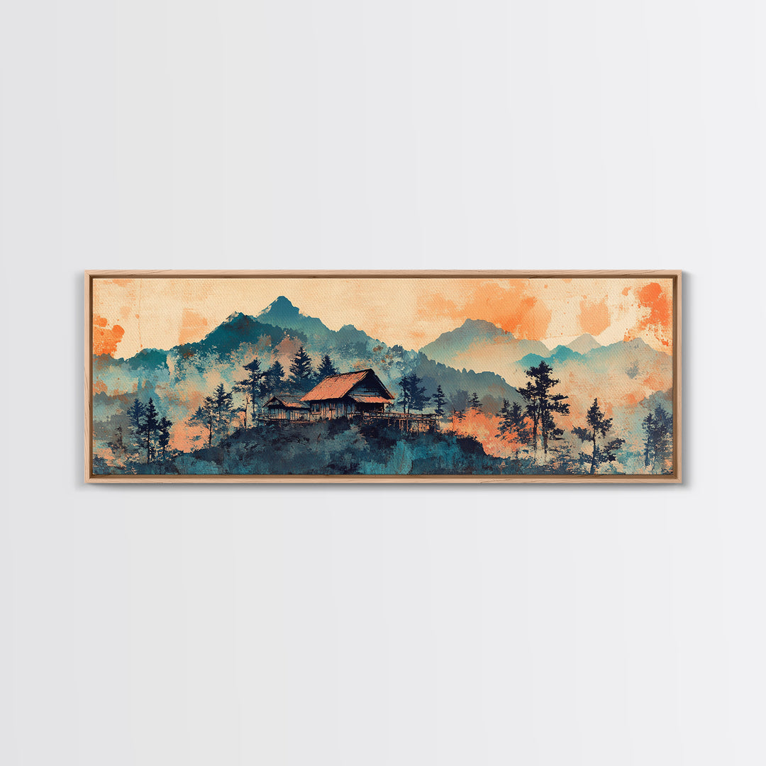 Mountain Cabin At Peach Sunrise Wall Art, Watercolor Landscape Print, Rustic Nature Decor, Cozy Bedroom Living Room Canvas