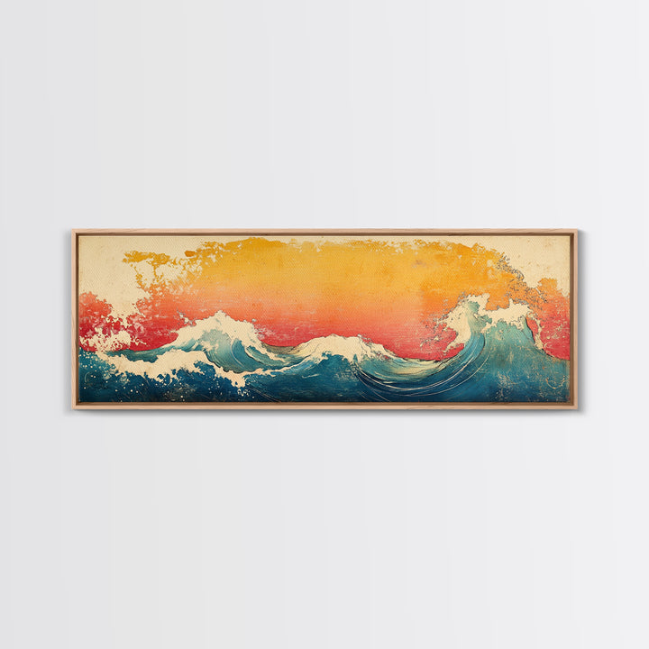 Great Wave At Golden Sunset Canvas Print, Japanese Ocean Wall Art, Hokusai Inspired Coastal Decor, Blue Living Room Print