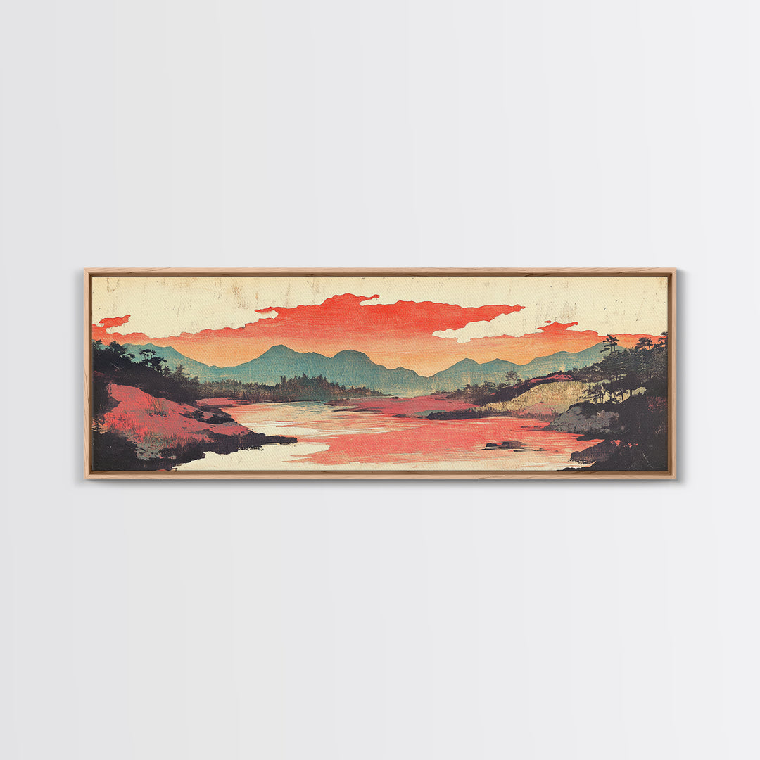 Coral Sky River Valley Wall Art, Japanese Mountain Landscape Print, Long Horizontal Canvas, Modern Living Room Decor, Home Decor