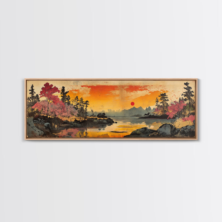 Orange Sunset Lake Wall Art, Cherry Blossom Landscape Canvas Print, Japanese Nature Decor, Panoramic Living Room Art Print