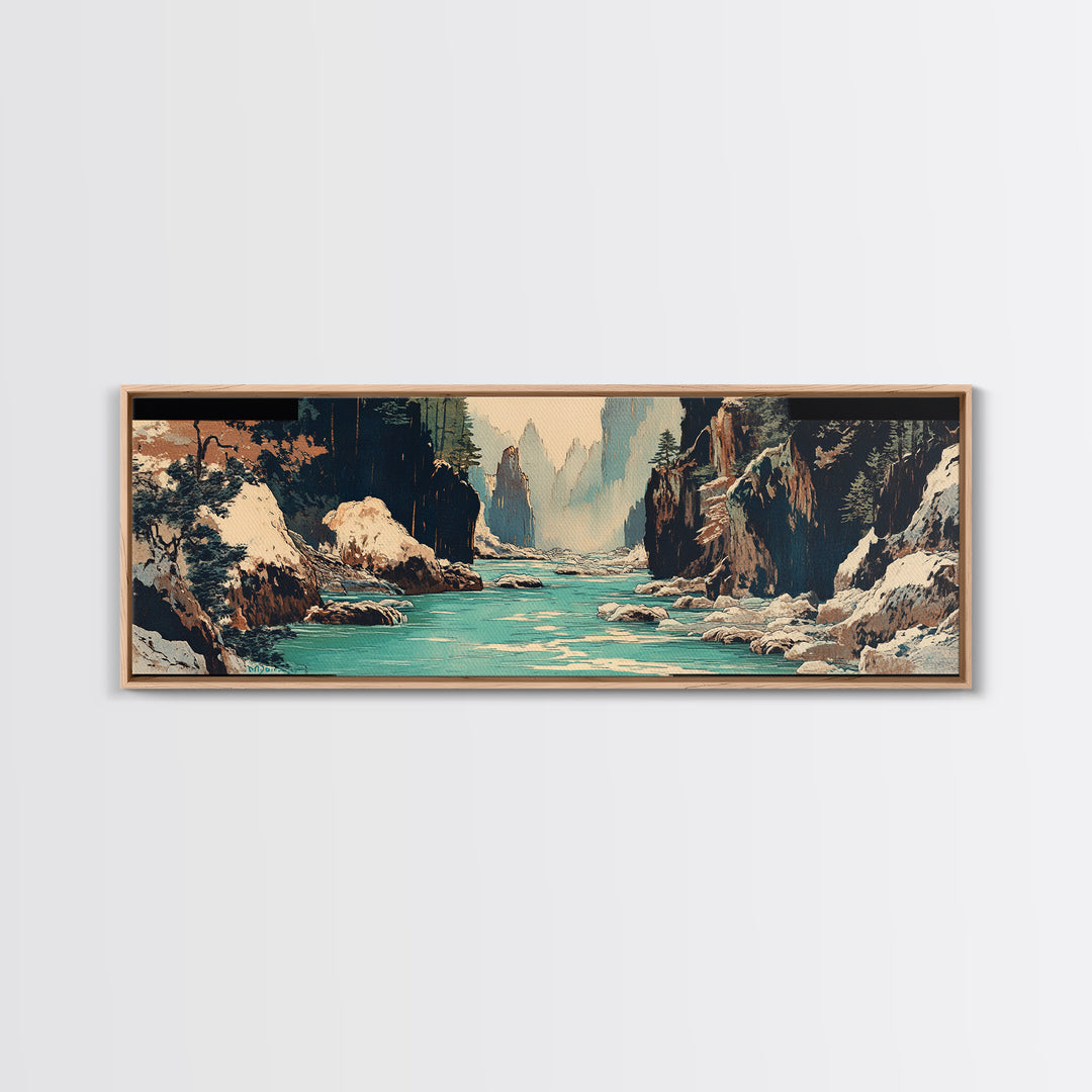 Snowy Canyon River Wall Art, Turquoise Mountain Gorge Canvas Print, Japanese Landscape Decor, Large Horizontal Artwork Print