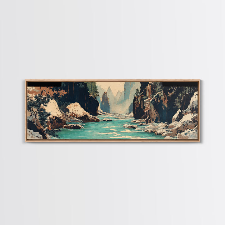 Snowy Canyon River Wall Art, Turquoise Mountain Gorge Canvas Print, Japanese Landscape Decor, Large Horizontal Artwork Print