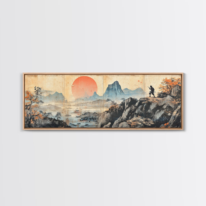 Samurai Mountain Sunset Wall Art, Japanese Landscape Triptych Canvas Print, Asian Wall Decor, Panoramic Living Room Art Print