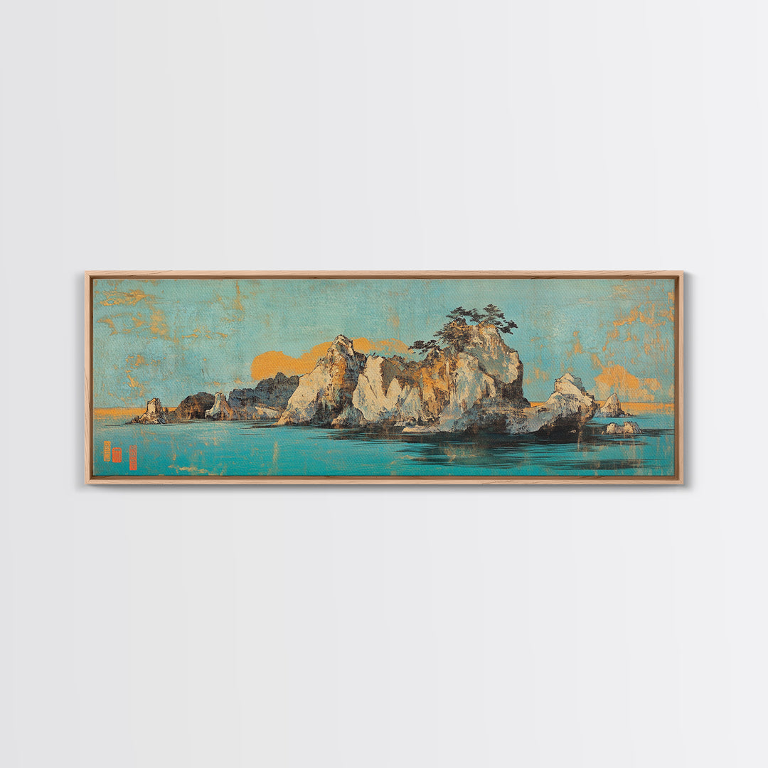 Turquoise Island Seascape With Rocky Pines, Japanese Wall Art, Coastal Landscape Print, Panoramic Canvas, Living Room Decor