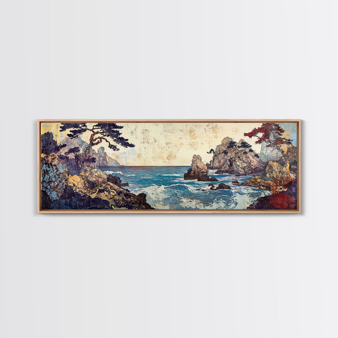 Pine Framed Rocky Cove, Japanese Wall Art, Coastal Seascape Canvas Print, Ocean Wall Decor, Panoramic Living Room Art, Home Decor