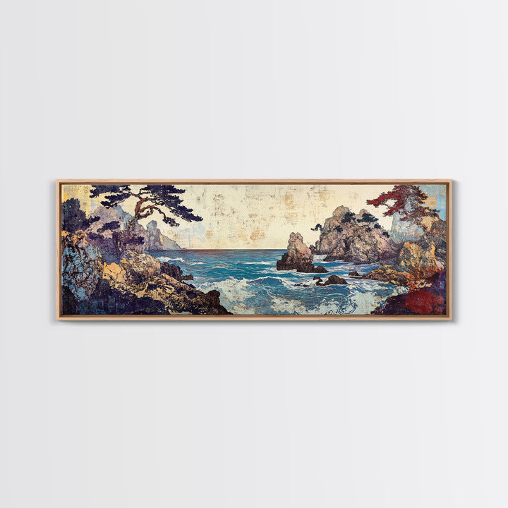Pine Framed Rocky Cove, Japanese Wall Art, Coastal Seascape Canvas Print, Ocean Wall Decor, Panoramic Living Room Art, Home Decor