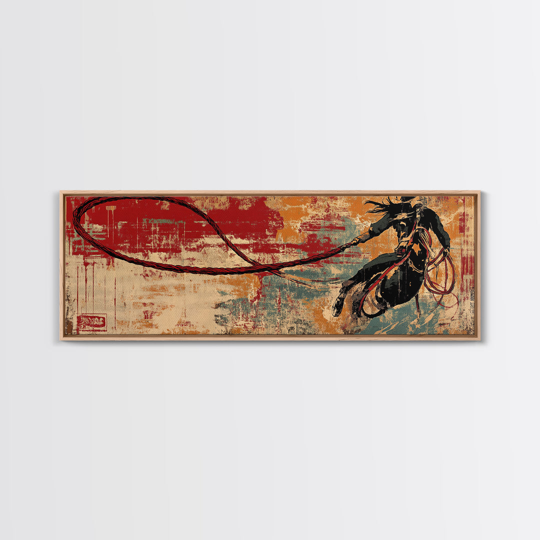 Western Lasso Rope On Red Teal Texture, Cowboy Wall Art, Rustic Canvas Print, Man Cave Decor, Western Home Decor Gift For Him