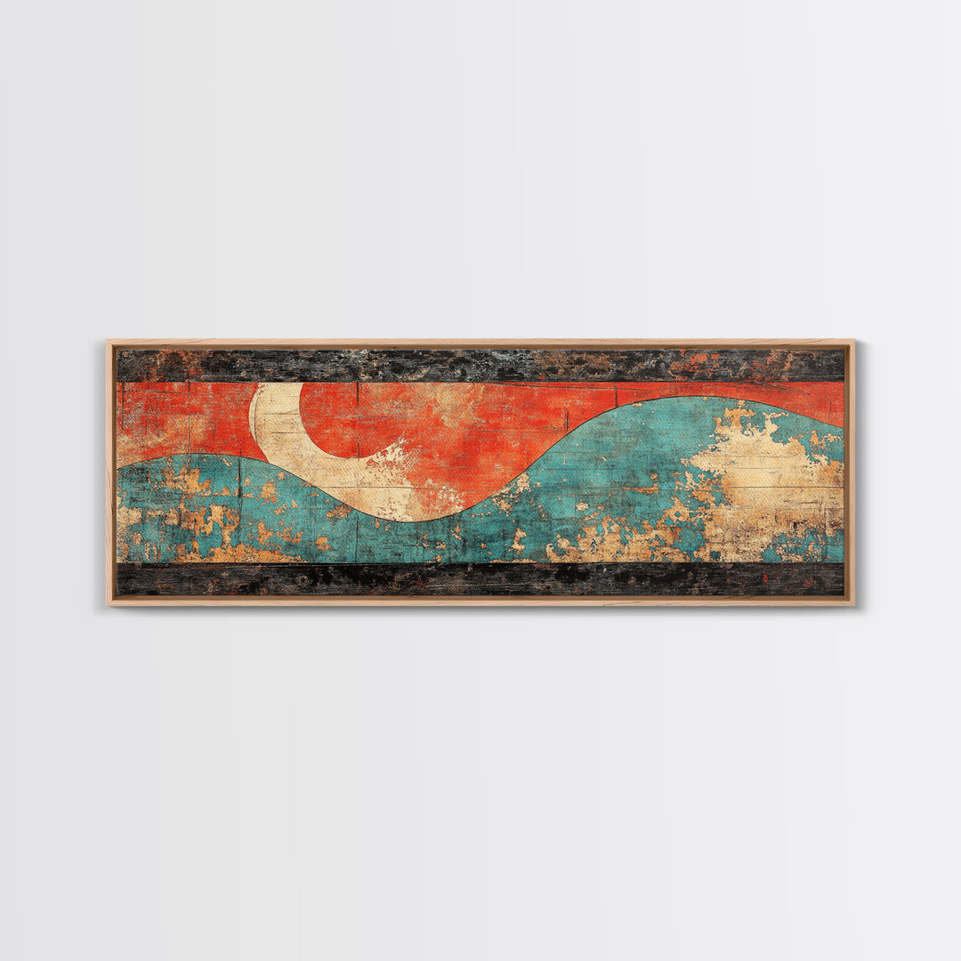 Red Sun And Teal Wave Wall Art, Japanese Coastal Canvas Print, Minimalist Abstract Seascape, Long Horizontal Living Room Wall Decor