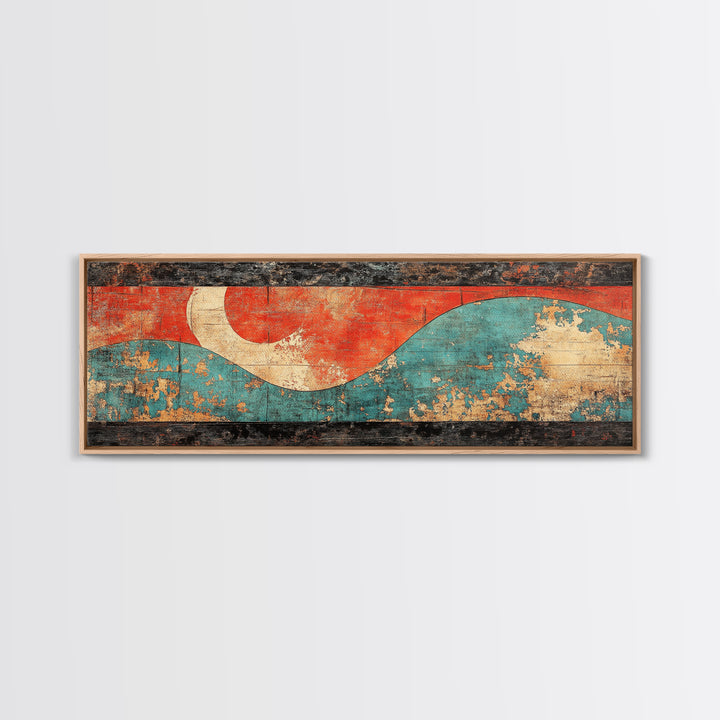 Red Sun And Teal Wave Wall Art, Japanese Coastal Canvas Print, Minimalist Abstract Seascape, Long Horizontal Living Room Wall Decor