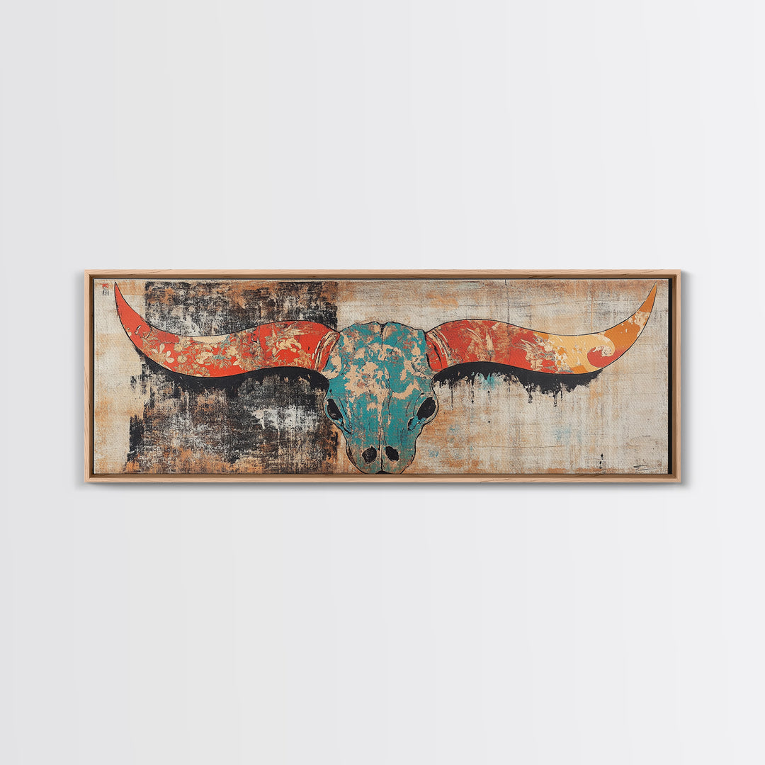 Turquoise Longhorn Skull Wall Art, Western Boho Canvas Print, Southwestern Rustic Decor, Long Horizontal Statement Artwork