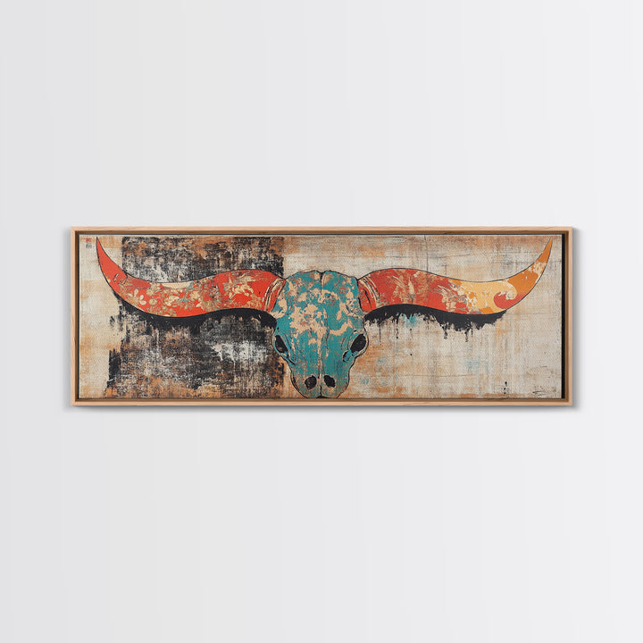 Turquoise Longhorn Skull Wall Art, Western Boho Canvas Print, Southwestern Rustic Decor, Long Horizontal Statement Artwork