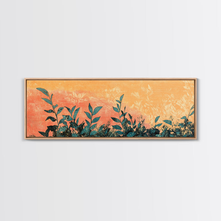 Orange Botanical Silhouette Wall Art, Nature Canvas Print, Boho Botanical Decor, Long Horizontal Living Room Wall Art Decor