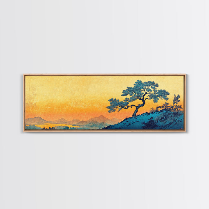 Blue Pine Tree Mountain Landscape Wall Art, Japanese Canvas Print, Serene Nature Decor, Long Horizontal Lake House Wall Decor