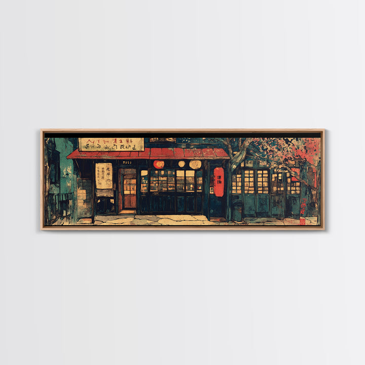 Cozy Japanese Storefront Night Wall Art, Cherry Blossom Cafe Canvas, Asian Home Decor, Japandi Gallery Living Room Print