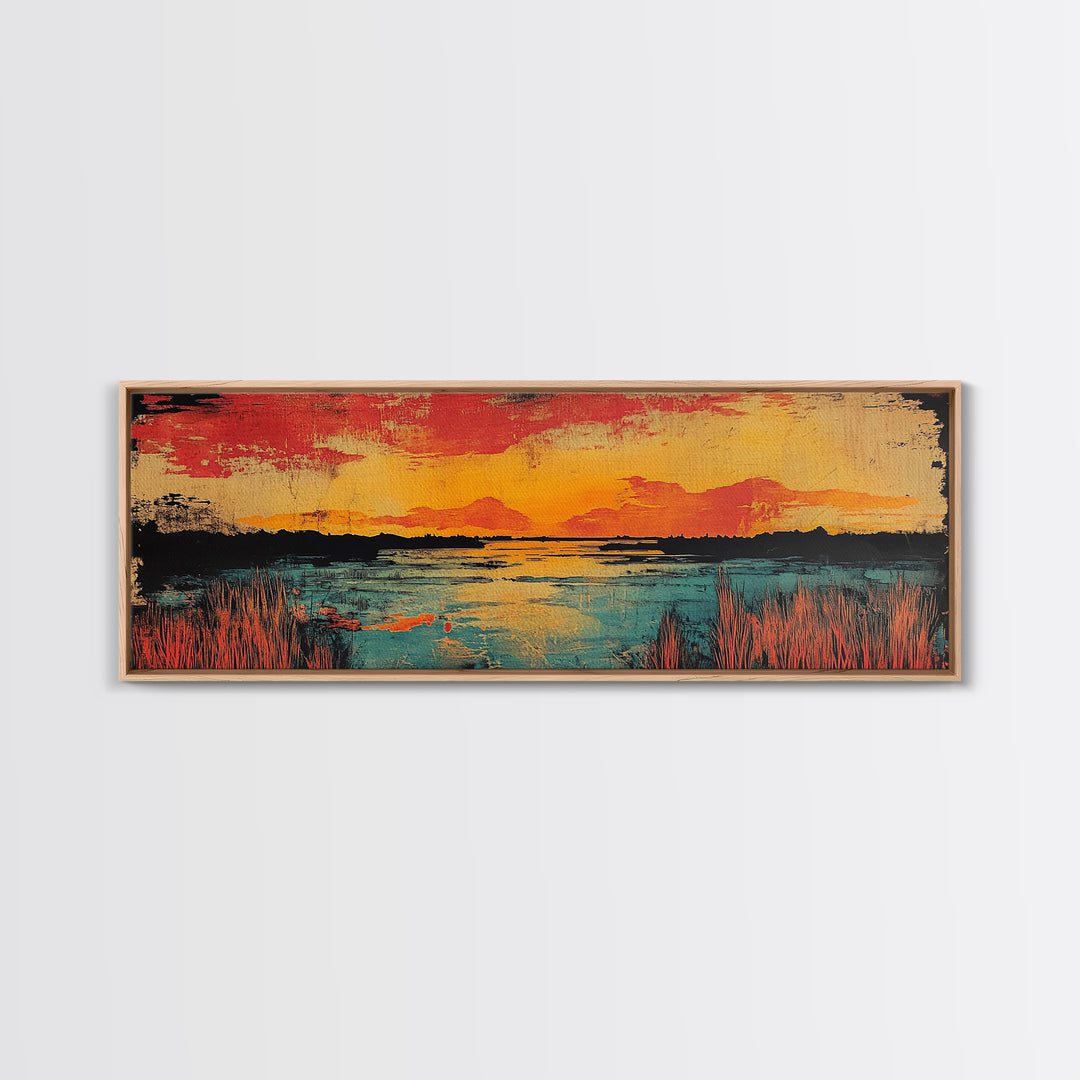 Vibrant Sunset Lake Landscape Wall Art, Marsh Water Canvas Print, Rustic Nature Decor, Large Horizontal Living Room Art Print