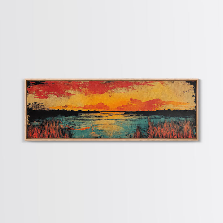 Vibrant Sunset Lake Landscape Wall Art, Marsh Water Canvas Print, Rustic Nature Decor, Large Horizontal Living Room Art Print