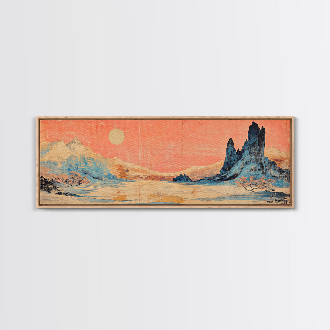 Pastel Desert Mountain Landscape Wall Art, Southwestern Canvas Print, Pink Sky Neutral Decor, Long Horizontal Above Bed Art
