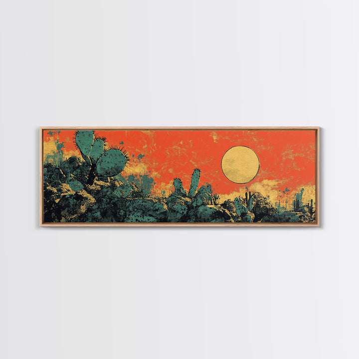 Desert Cactus Sunset Wall Art, Southwestern Landscape Canvas Print, Boho Western Decor, Warm Terracotta Home Decor Gift For Him