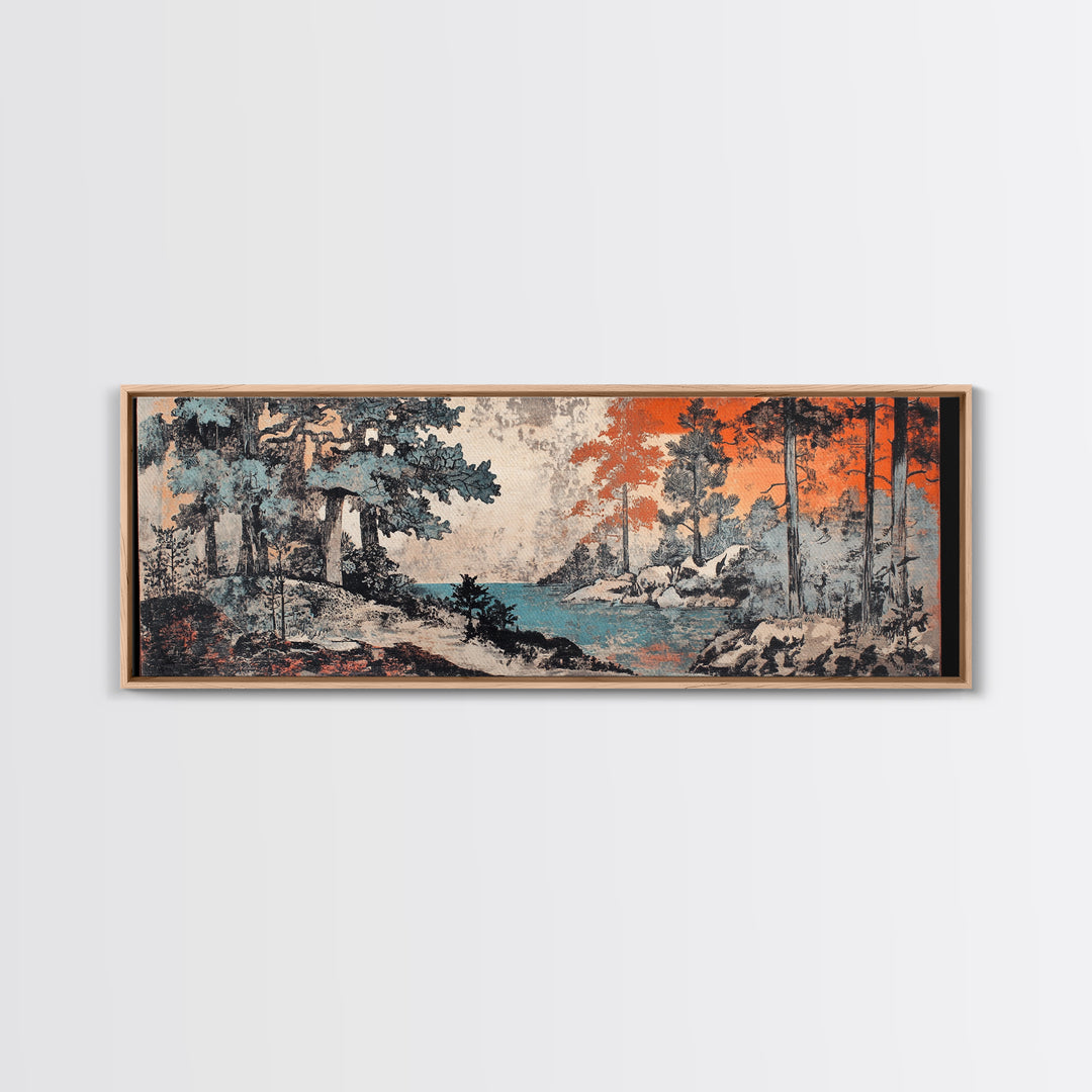 Snowy Pine Forest And Blue Lake Canvas Print, Japanese Landscape Wall Art, Nature Wall Decor, Japandi Winter Home Decor Gift