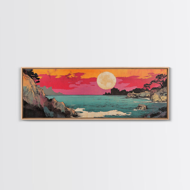 Pink Sunset Over Turquoise Cove Canvas Print, Japanese Coastal Wall Art, Ocean Seascape Decor, Beach House Wall Art Print