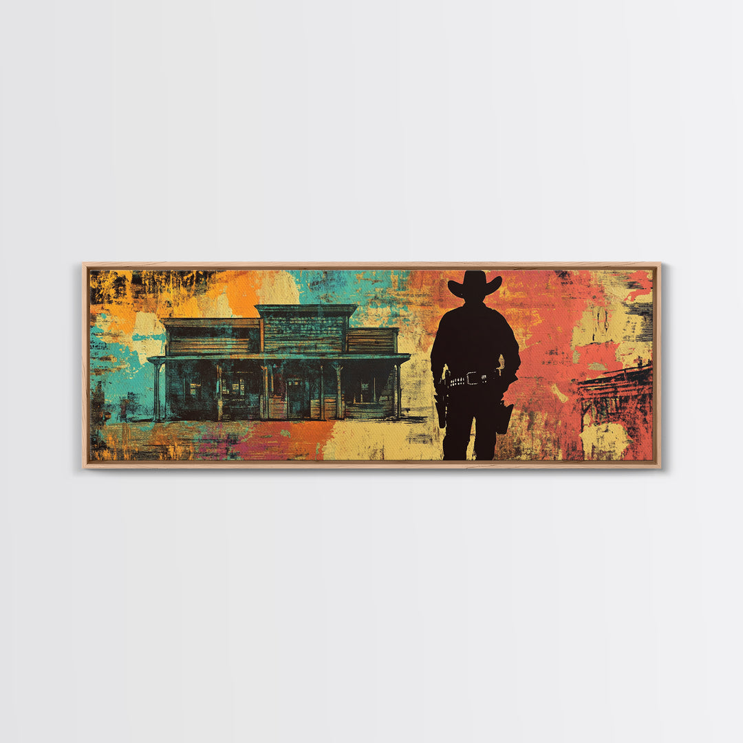 Cowboy Silhouette Beside Old Saloon Wall Art, Western Framed Canvas Print, Rustic Man Cave Decor, Southwest Statement Art