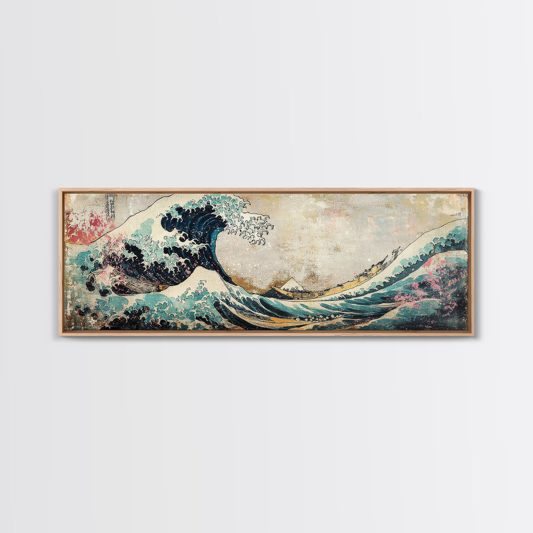 Japanese Great Wave With Soft Pastel Mountains Wall Art, Ukiyo E Framed Canvas Print, Coastal Japandi Decor, Ocean Art Print