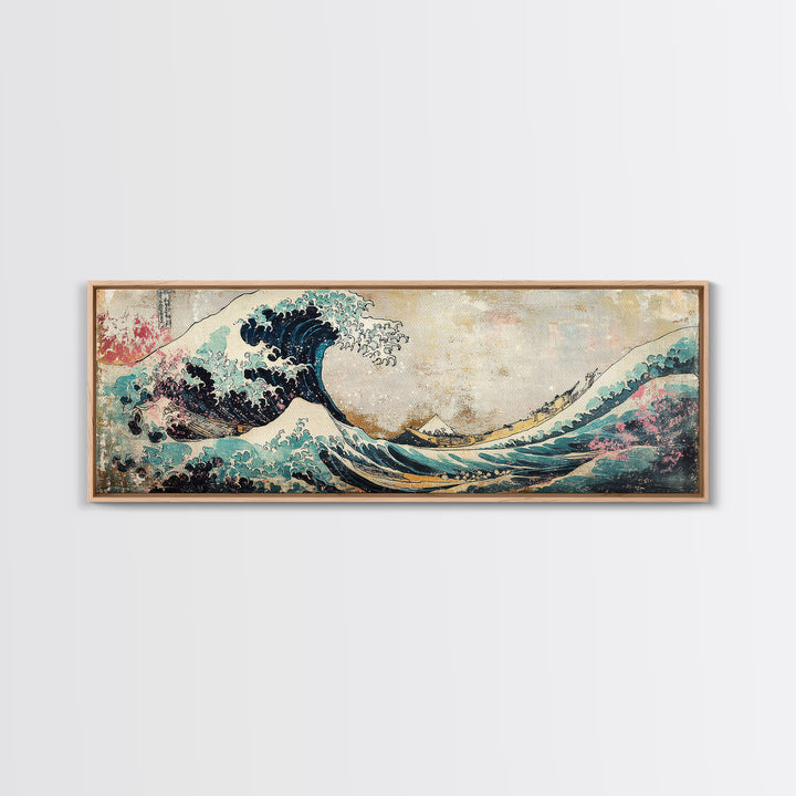 Japanese Great Wave With Soft Pastel Mountains Wall Art, Ukiyo E Framed Canvas Print, Coastal Japandi Decor, Ocean Art Print