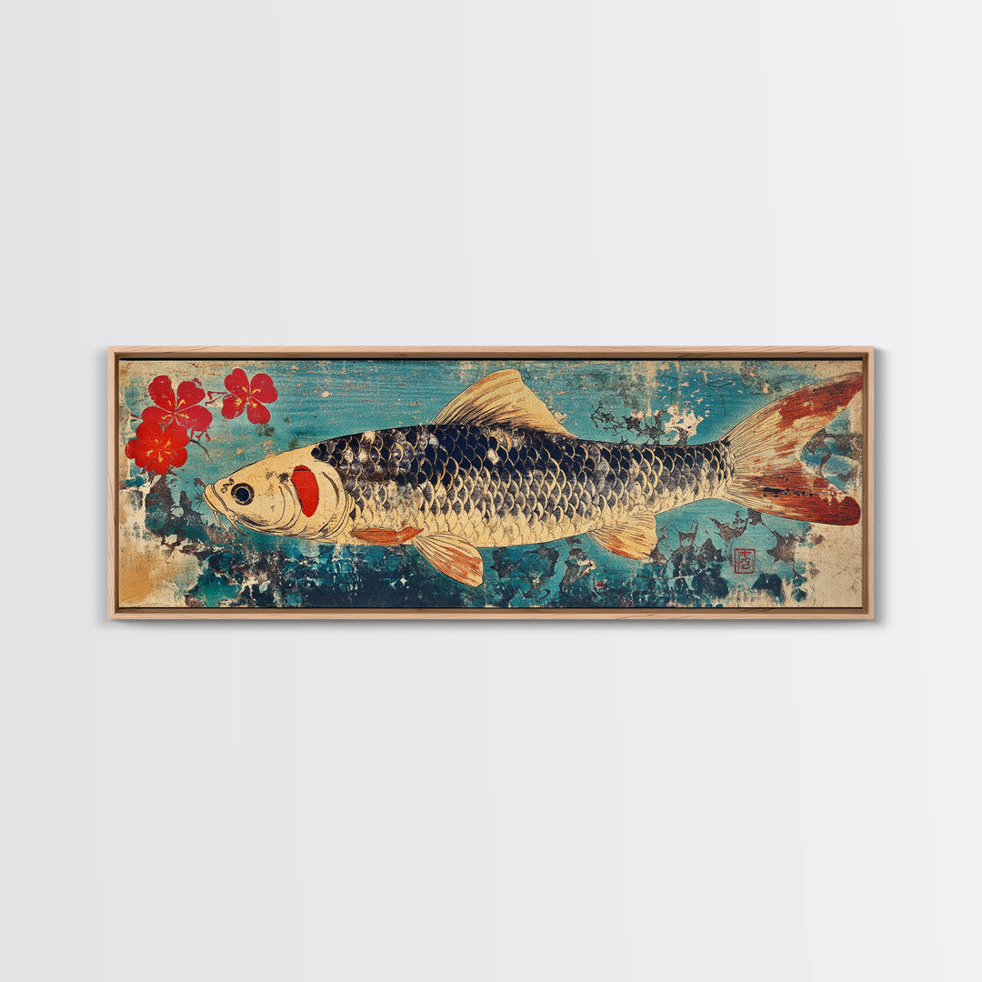 Koi Fish With Red Blossoms On Blue Texture Wall Art, Japanese Framed Canvas Print, Asian Decor, Nature Inspired Art Print