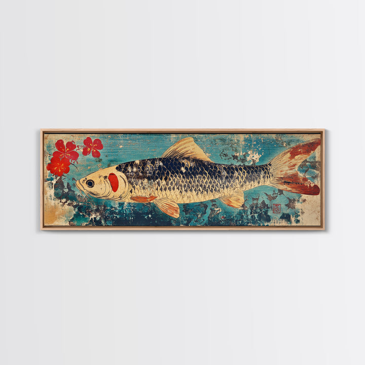 Koi Fish With Red Blossoms On Blue Texture Wall Art, Japanese Framed Canvas Print, Asian Decor, Nature Inspired Art Print