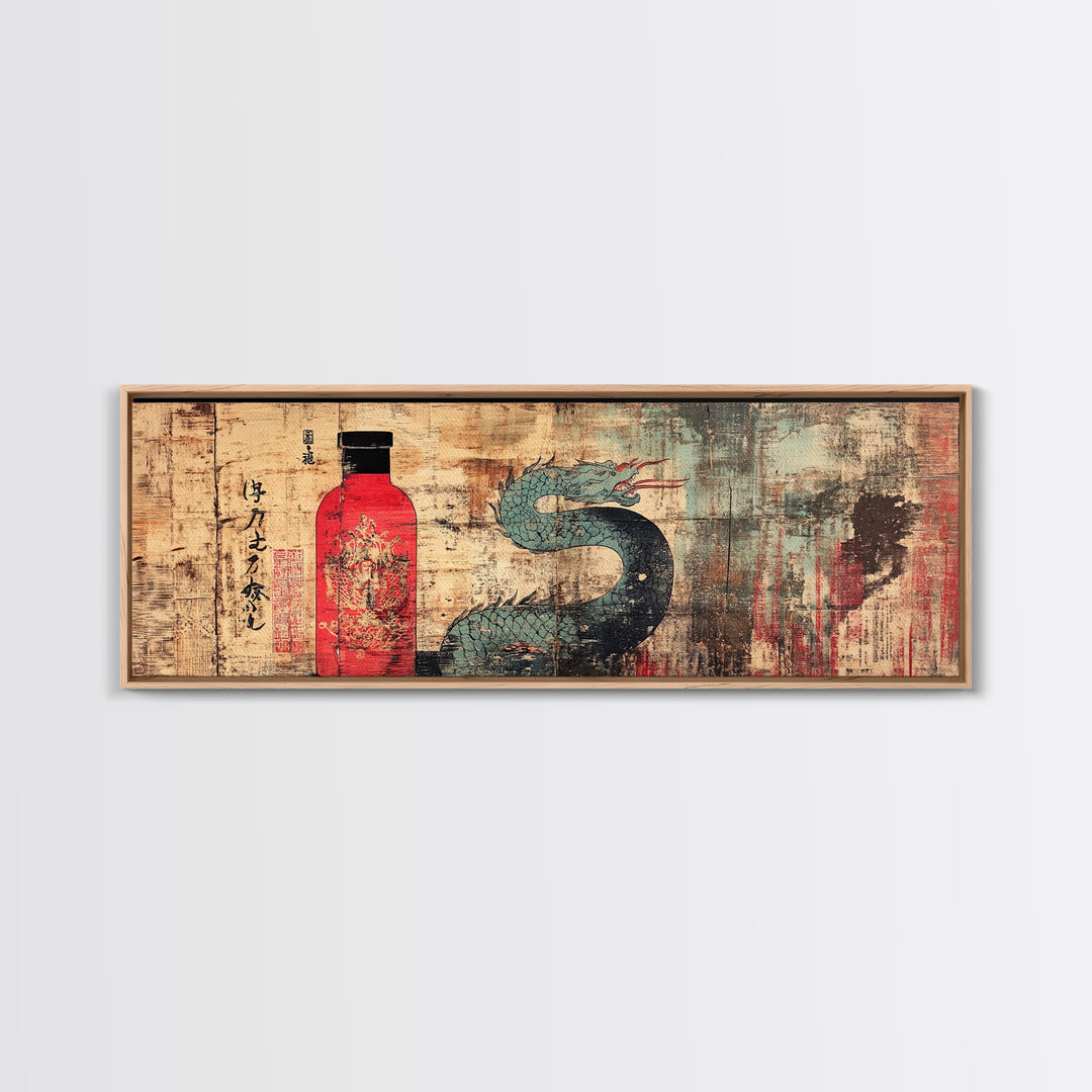 Red Sake Bottle And Dragon Wall Art, Asian Inspired Canvas Print, Japanese Decor, Kitchen Wall Decor, Gift For Him, Home Decor