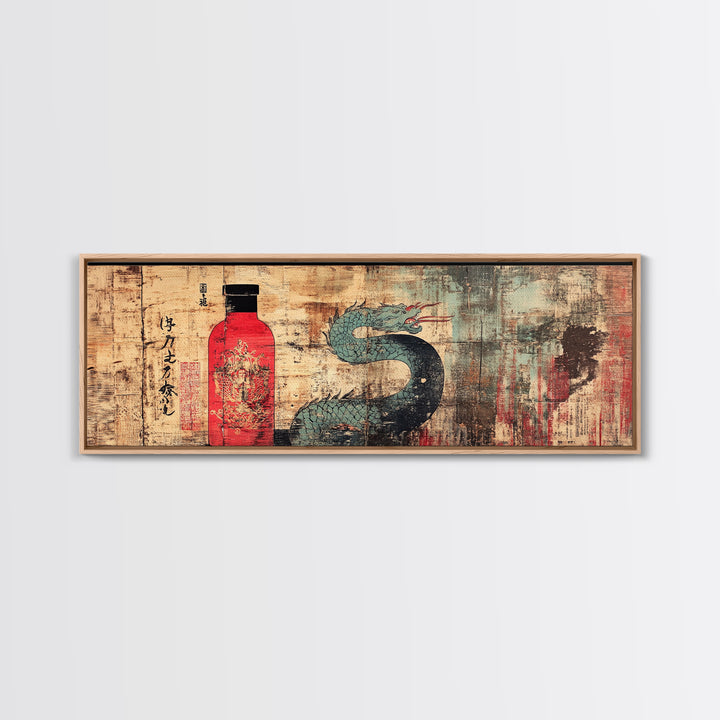 Red Sake Bottle And Dragon Wall Art, Asian Inspired Canvas Print, Japanese Decor, Kitchen Wall Decor, Gift For Him, Home Decor