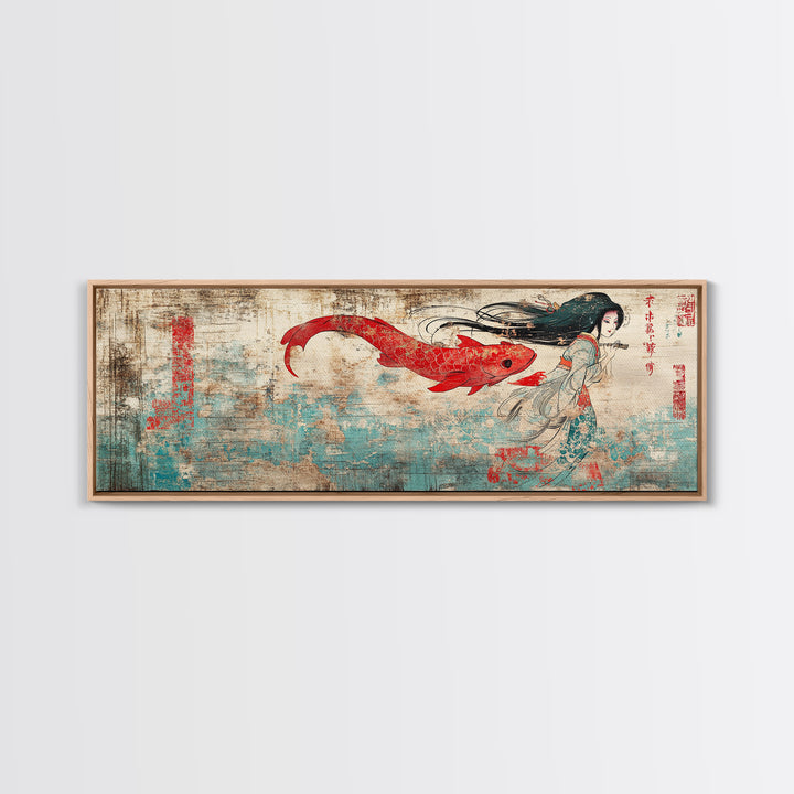 Red Koi Mermaid Wall Art, Asian Fantasy Canvas Print, Japanese Wall Decor, Whimsical Art, Bedroom Decor, Gift For Her, Home Decor