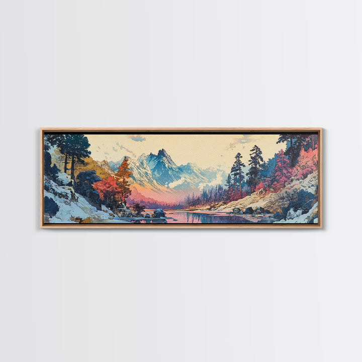 Snowy Mountain River Framed Canvas Print, Japanese Landscape Wall Art, Nature Wall Decor, Cabin Decor, Housewarming Gift