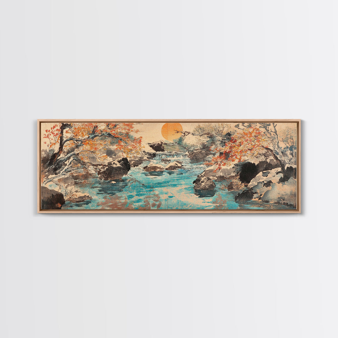 Autumn River Rocks Wall Art, Japanese Landscape Canvas Print, Nature Wall Decor, Rustic Home Decor, Calming Living Room Art