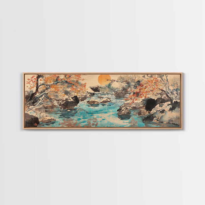 Autumn River Rocks Wall Art, Japanese Landscape Canvas Print, Nature Wall Decor, Rustic Home Decor, Calming Living Room Art