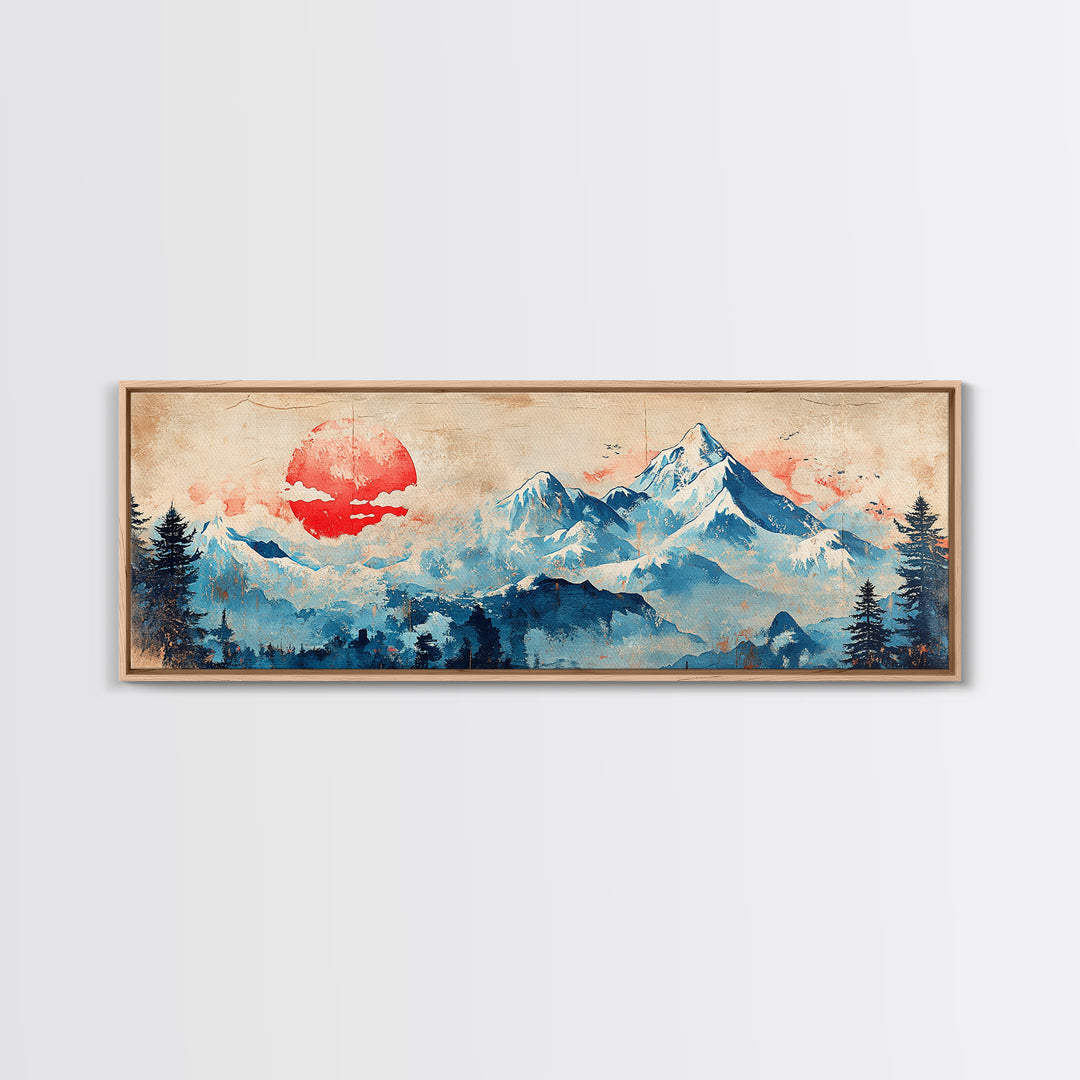 Blue Snowy Mountains And Red Sun Wall Art, Japanese Landscape Canvas Print, Minimalist Decor, Above Bed Art, Home Decor Print