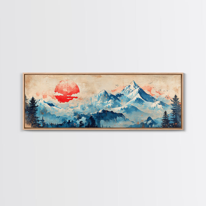 Blue Snowy Mountains And Red Sun Wall Art, Japanese Landscape Canvas Print, Minimalist Decor, Above Bed Art, Home Decor Print