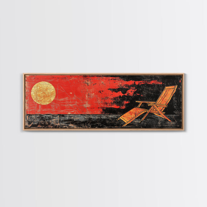 Red Sunset Beach Chair Wall Art, Coastal Lounge Canvas Print, Tropical Home Decor, Summer Ocean Poster For Living Room Decor