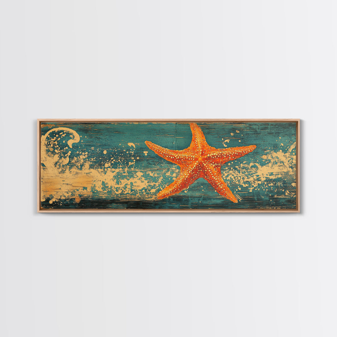 Orange Starfish Wave Wall Art, Coastal Beach Canvas Print, Nautical Bathroom Decor, Tropical Ocean Art For Beach House Decor