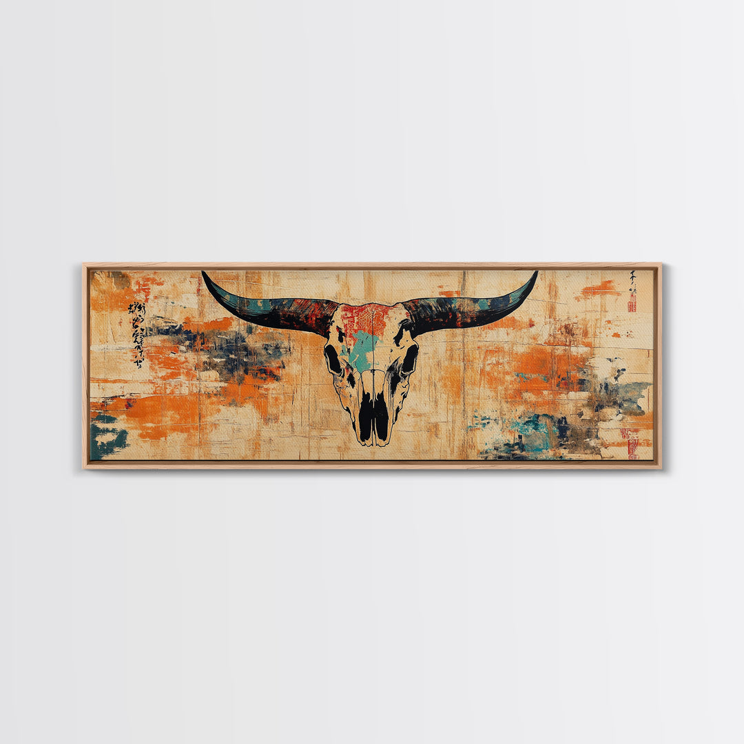 Longhorn Skull Wall Art, Western Rustic Canvas Print, Southwestern Cowboy Decor, Earth Tone Ranch Style Living Room Art Print