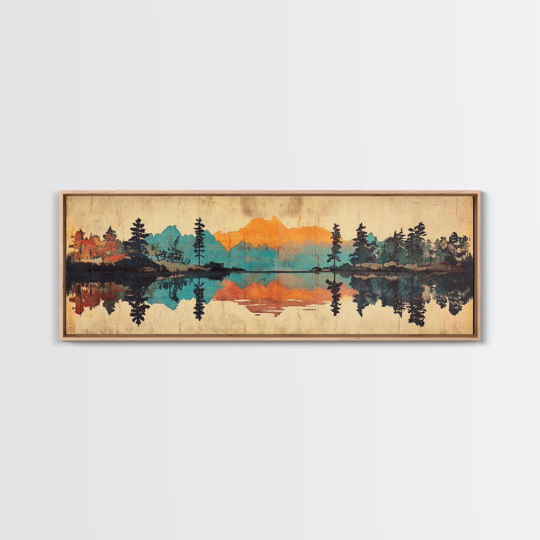 Mountain Lake Reflection Wall Art, Rustic Landscape Canvas Print, Cabin Home Decor, Panoramic Nature Art For Living Room