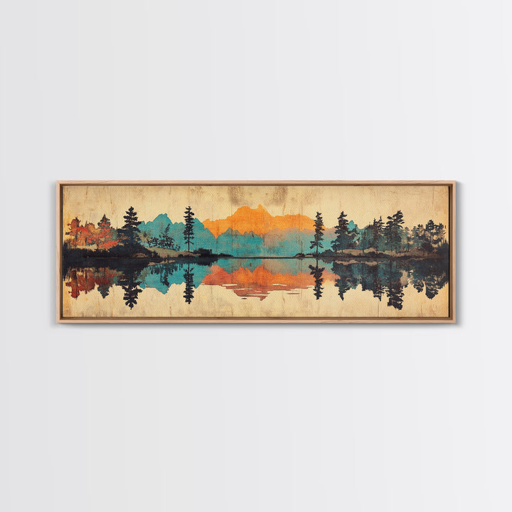Mountain Lake Reflection Wall Art, Rustic Landscape Canvas Print, Cabin Home Decor, Panoramic Nature Art For Living Room