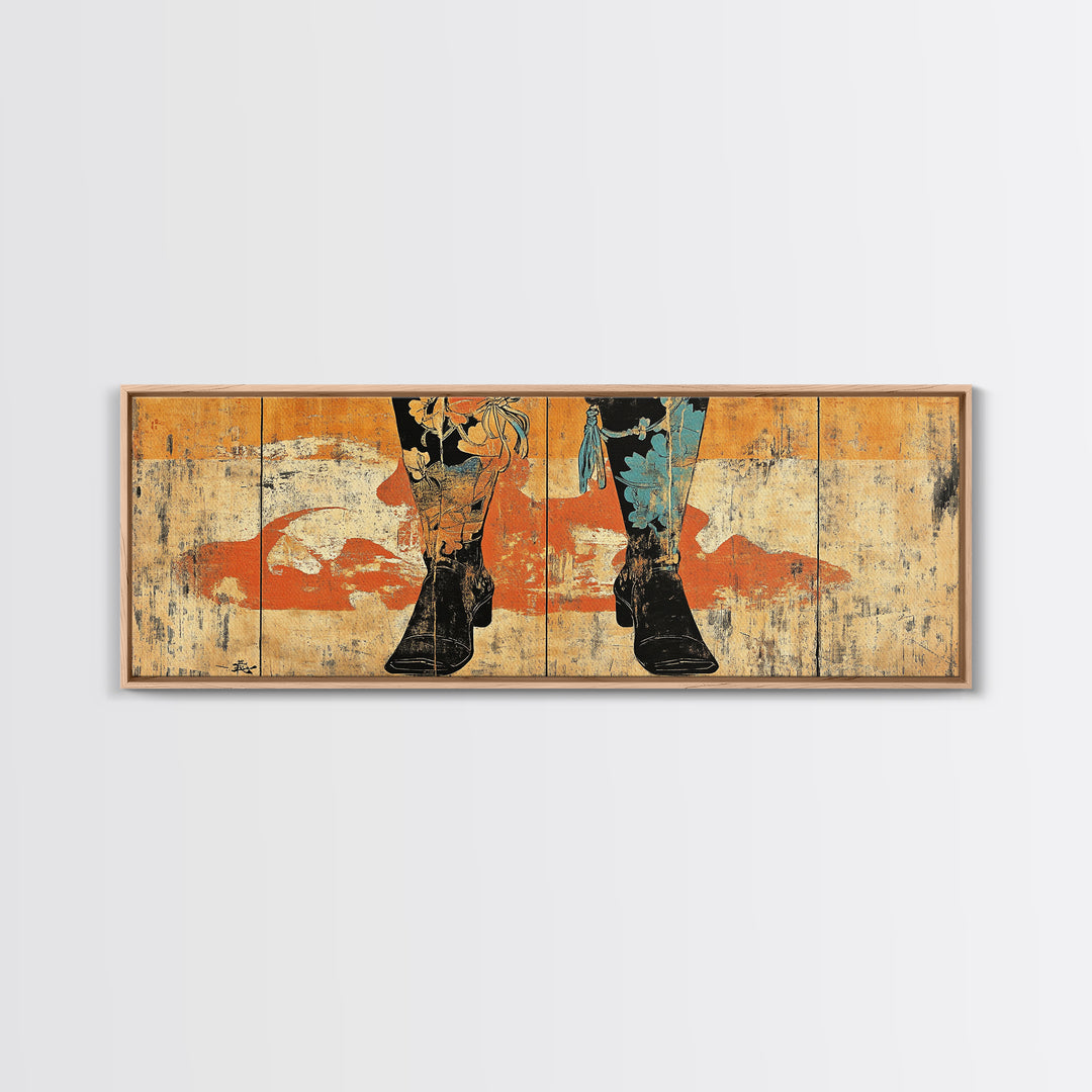 Cowboy Boots And Hat Wall Art, Western Cowgirl Canvas Print, Rustic Ranch Home Decor, Long Horizontal Bedroom Wall Decor