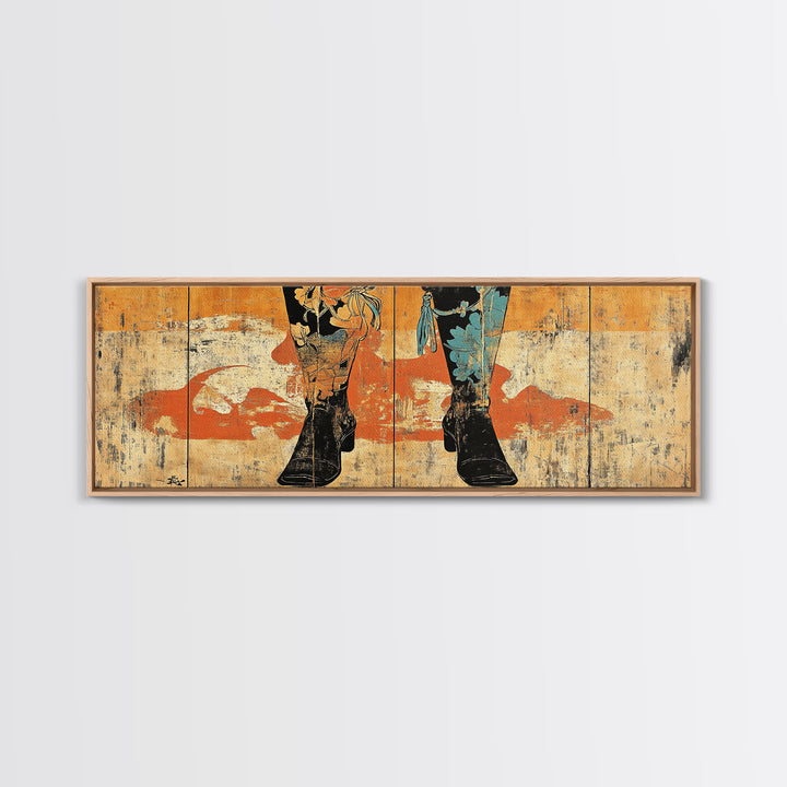 Cowboy Boots And Hat Wall Art, Western Cowgirl Canvas Print, Rustic Ranch Home Decor, Long Horizontal Bedroom Wall Decor