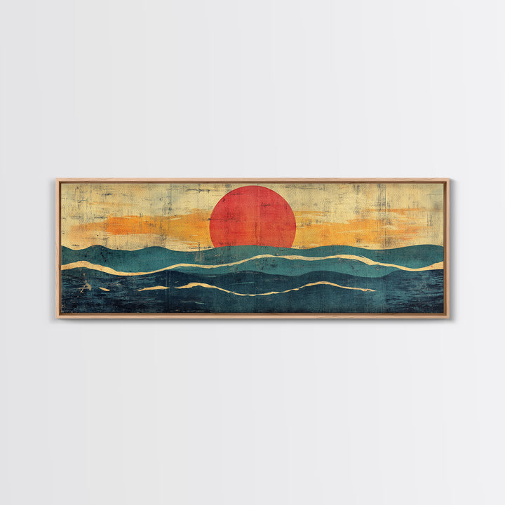 Abstract Ocean Waves Wall Art, Mid Century Coastal Print, Red Sun Seascape, Retro Minimalist Decor For Modern Living Room