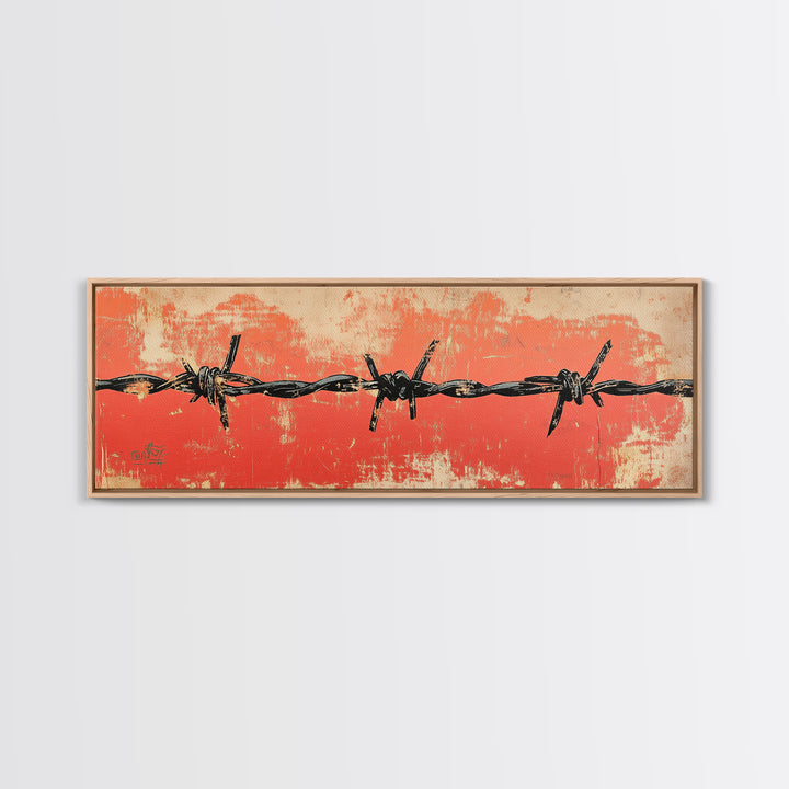 Barbed Wire Fence Wall Art, Western Rustic Print, Industrial Farmhouse Decor, Orange Grunge Canvas For Man Cave Or Office