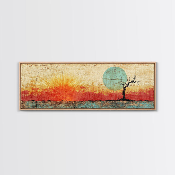 Lone Tree Sunrise Wall Art, Abstract Desert Landscape Print, Mid Century Wabi Sabi Decor, Warm Minimalist Canvas For Living Room
